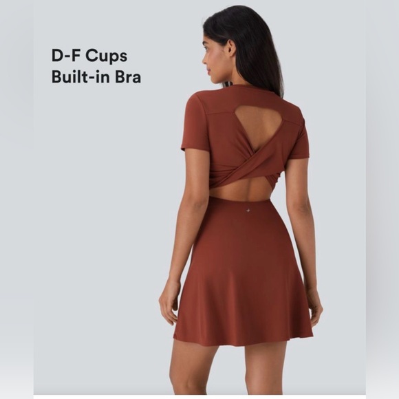 HALARA Dresses & Skirts - HALARA Cut Out Flare Mini Dance Active Dress D-F Cups Size L Brandy Brown NWT